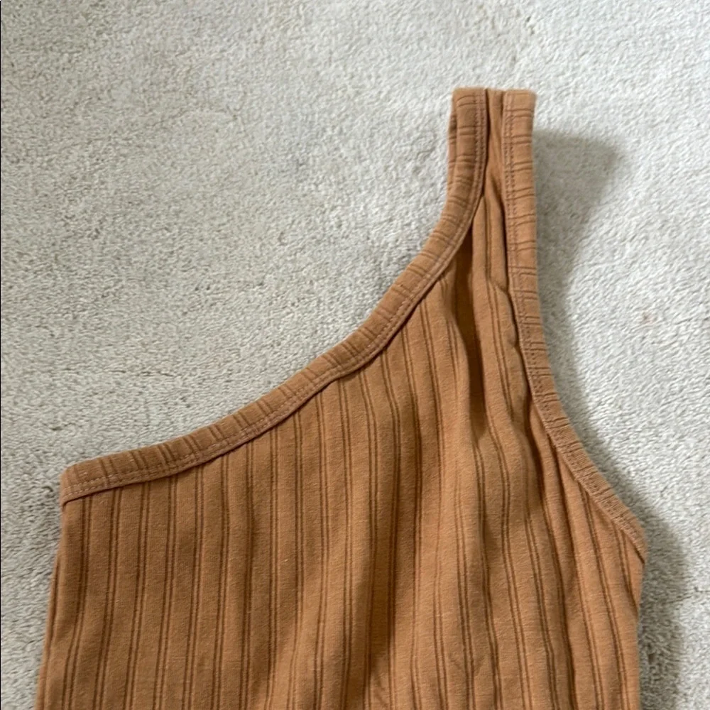 One-Shoulder Tan Ribbed Dress - Picture 2 of 3
